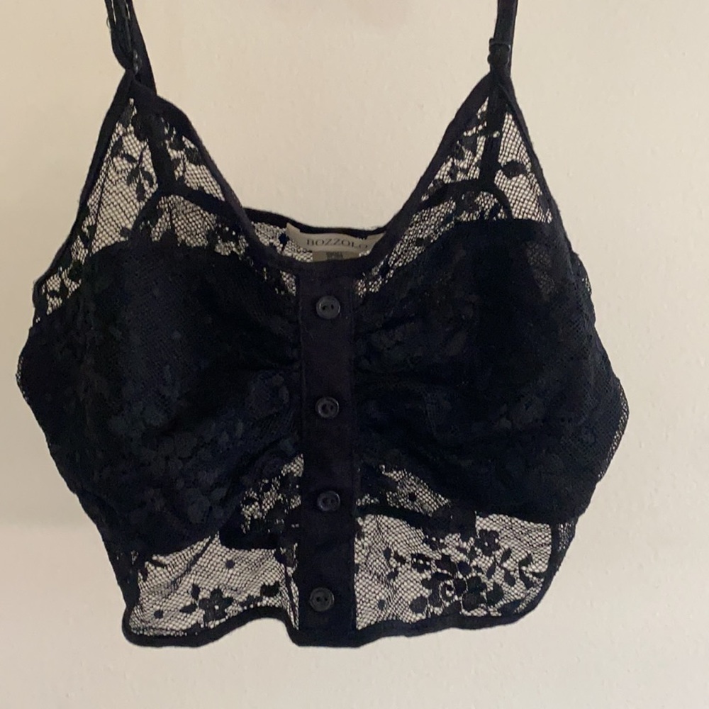 🪞 Floral lace trim front button bra top black lace women’s size small